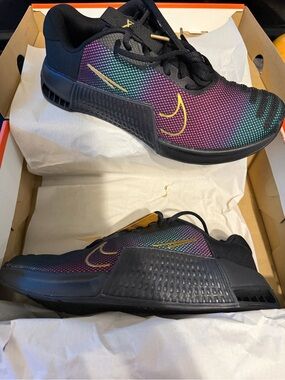 Nike Women's Athletic Shoes Black with Iridescent Purple-Green and Gold Swoosh
